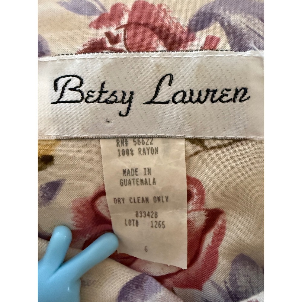 Betsy Lauren Vintage Floral Lace Trim Midi Dress Pink Purple Cream Rayon Size 6 - Picture 7 of 7